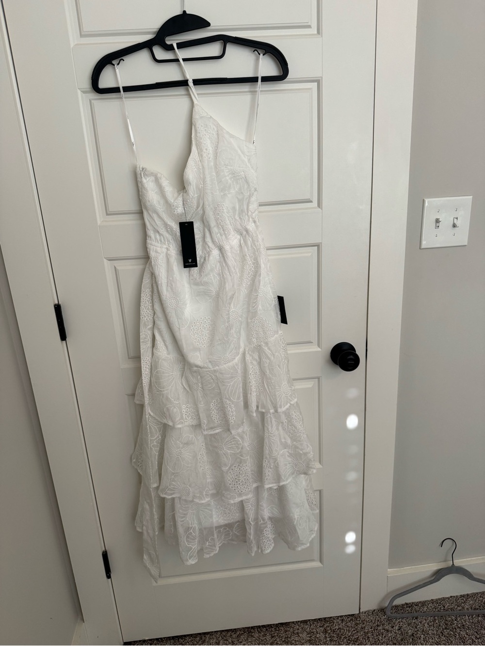 Lulu's White Asymmetrical Tiered Eyelet Midi Dress
